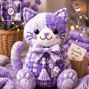 Lavender Patchwork Cat Plush | Cottagecore Kawaii Stuffed Animal Toy