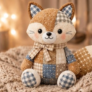 May include: A stuffed fox toy crafted from various fabric patches in shades of brown, cream, and blue. The fox features a gingham bow tie, embroidered whiskers, black button eyes, and a small black nose, with patterned ears and paws.
