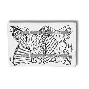 May include: A monochrome hand-drawn artwork on a rectangular card. The design incorporates diverse patterns, such as lines, circles, and triangles. The text "HAND DRAWN BY FAGEN DESIGNS" is present.