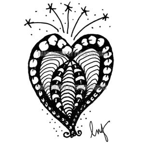May include: A black and white ink drawing of a heart shape filled with intricate line patterns and circular borders. Above the heart are five radiating star-like symbols. The text HAND DRAWN BY FAGEN DESIGNS is visible twice, and a signature is at the bottom.