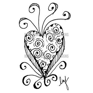 May include: A black and white line drawing of a heart shape filled with spiral patterns and dots. The heart features decorative swirling lines extending from the top and bottom, with a signature at the bottom right corner and faint text.