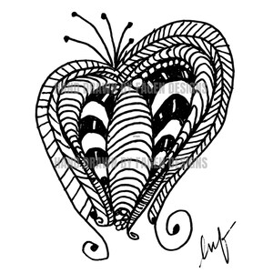 May include: A black and white ink drawing of a heart-shaped flower with striped petals and intricate line patterns. The text HAND DRAWN BY FAGEN DESIGNS is visible across the centre, with a stylised signature in the bottom right corner.