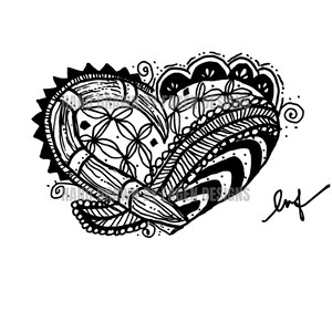 May include: A black and white line art illustration of a heart shape filled with intricate patterns, including geometric grids, wavy stripes, and a paintbrush integrated into the design. The artwork features a signature in the bottom right corner.