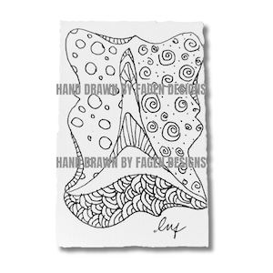 May include: An abstract black and white drawing on textured paper. The artwork features patterns of circles, spirals, and curved lines. The text "HAND DRAWN BY FAGEN DESIGNS" is repeated twice. A signature is in the bottom right corner.