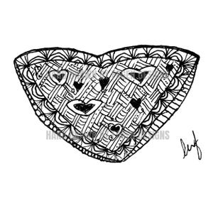 May include: A black and white ink drawing of a heart shape filled with intricate geometric patterns, including woven lines, small solid hearts, and lip shapes. The border features a decorative scalloped design with a signature in the corner.