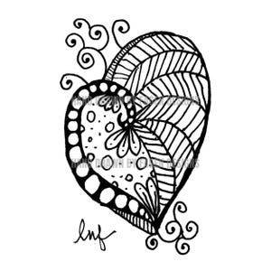 May include: A black and white line art drawing of a heart shape filled with intricate patterns including dots, stripes, and floral motifs. The design features swirling flourishes at the top and bottom, with the text HAND DRAWN BY FLSEN DESIGNS.