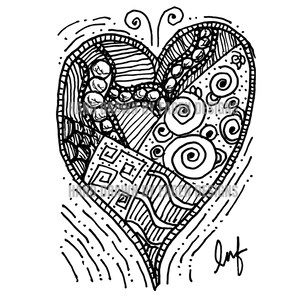 May include: A black and white line art drawing of a heart shape filled with various patterns including swirls, geometric squares, stripes, and circular motifs. The design features the text HAND DRAWN BY FACEN DESIGNS and a signature at the bottom right.