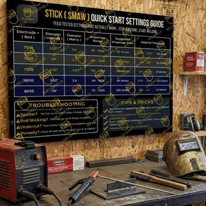 Puede incluir: Una guía de soldadura titulada "STICK (SMAW) QUICK START SETTINGS GUIDE" con información sobre electrodos y diámetro. Una máquina de soldar roja y un casco de soldadura están sobre un banco de trabajo de metal. El fondo es una pared de madera.
