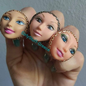 Doll Head Ring, Doll Ring, adjustable ring base, brass plated, girly, kitsch, quirky, jewelry, recycled, upcycled, ooak, made in Greece