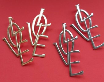 Love Earrings LOVE huge earrings  letter earrings bold pierced bling, choose gold or silver, huge 3.5 inches, kitsch, Greece