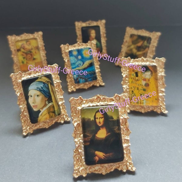 Mini peintures à l'huile Art Rings, Mona Lisa, DaVinci, Van Gogh, Vermeer, Klimt, peintures célèbres, plaquées or, kitsch, fabriquées en Grèce