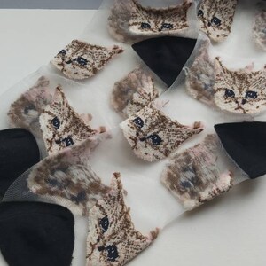 May include: A pair of sheer white socks with a black trim and a repeating pattern of brown cat faces.