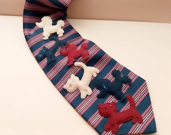 Cats and Dogs Necktie, Upcycled Necktie Necklace, original, tie necklace, necktie, women's necktie, dogs, cats, bling, kitsch, Greece, sale