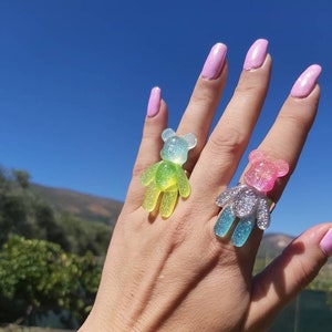 Teddy Bear Rings Resin Kawaii Sparkle Gummy Bears,  adjustable base, cabochon, bling, kitsch, sparkly, made in Greece