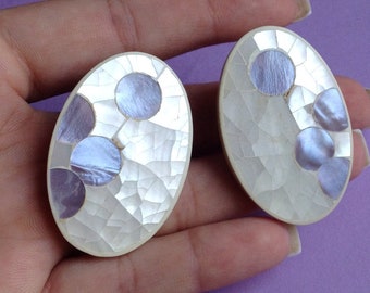 80s Mother of Pearl Clip Earrings, Purple and White, large oval earrings, original 80s, chunky, Greece