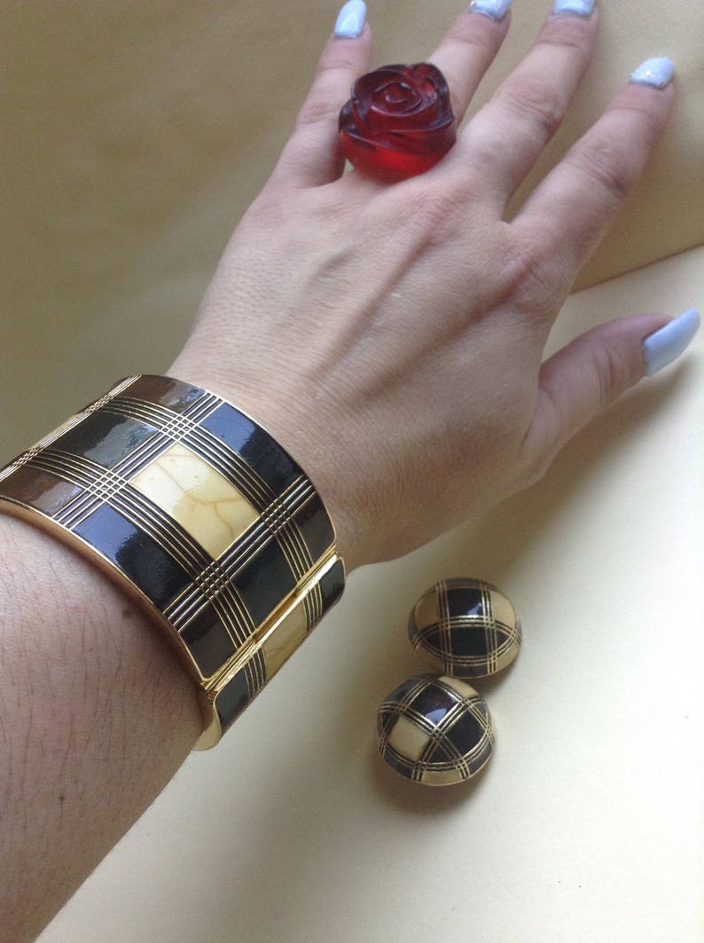 checkered Modernist statement Bracelet /& Clip Earrings 70/'s Lanvin of Paris enamel inlay SALE Retro runway designer signed Greece