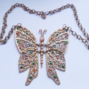 DeLizza & Elster JULIANA Giant Huge Articulated Filigree BUTTERFLY Pendant Necklace D and E, Red Coral Jade Green Turquoise Cabochon, Greece
