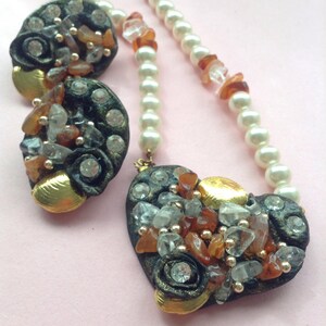 80&#39;s Kitsch Handmade Necklace Earrings set, OOAK, local designer artist, new, faux pearl, stones,rhinestones, findings, original 80s, Greece