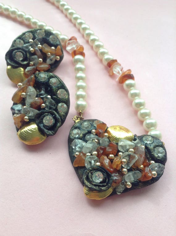 80's Kitsch Handmade Necklace Earrings set, OOAK, 