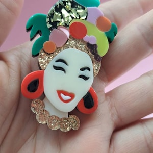 Carmen Miranda 3D Colorful Altered Art Resin Face Brooch Pin, kitsch, rainbow, Pop Art, Cubism, Greece