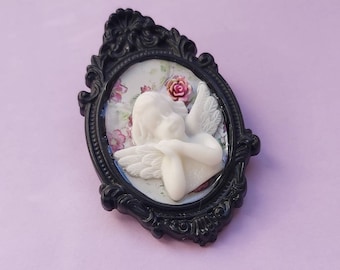 Cherub Angel Fairy Cameo Brooch Pin, resin cabochon flower, 30x40 mm, black cameo frame, OOAK, made in Greece