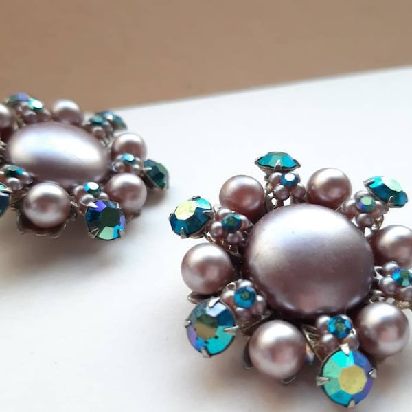 Fabulous 1950's Huge Flower Earrings, Aurora Borealis, faux pearl, clip earrings, original, mid century, flower earrings, Greece