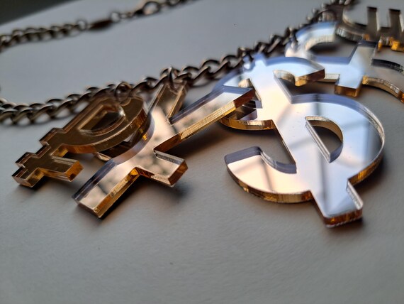 Money Pendant Necklace Acrylic Mirror lazer cut acrylic resin currency link chain money necklace kitsch, bling, Tatty Devine, Greece View 6