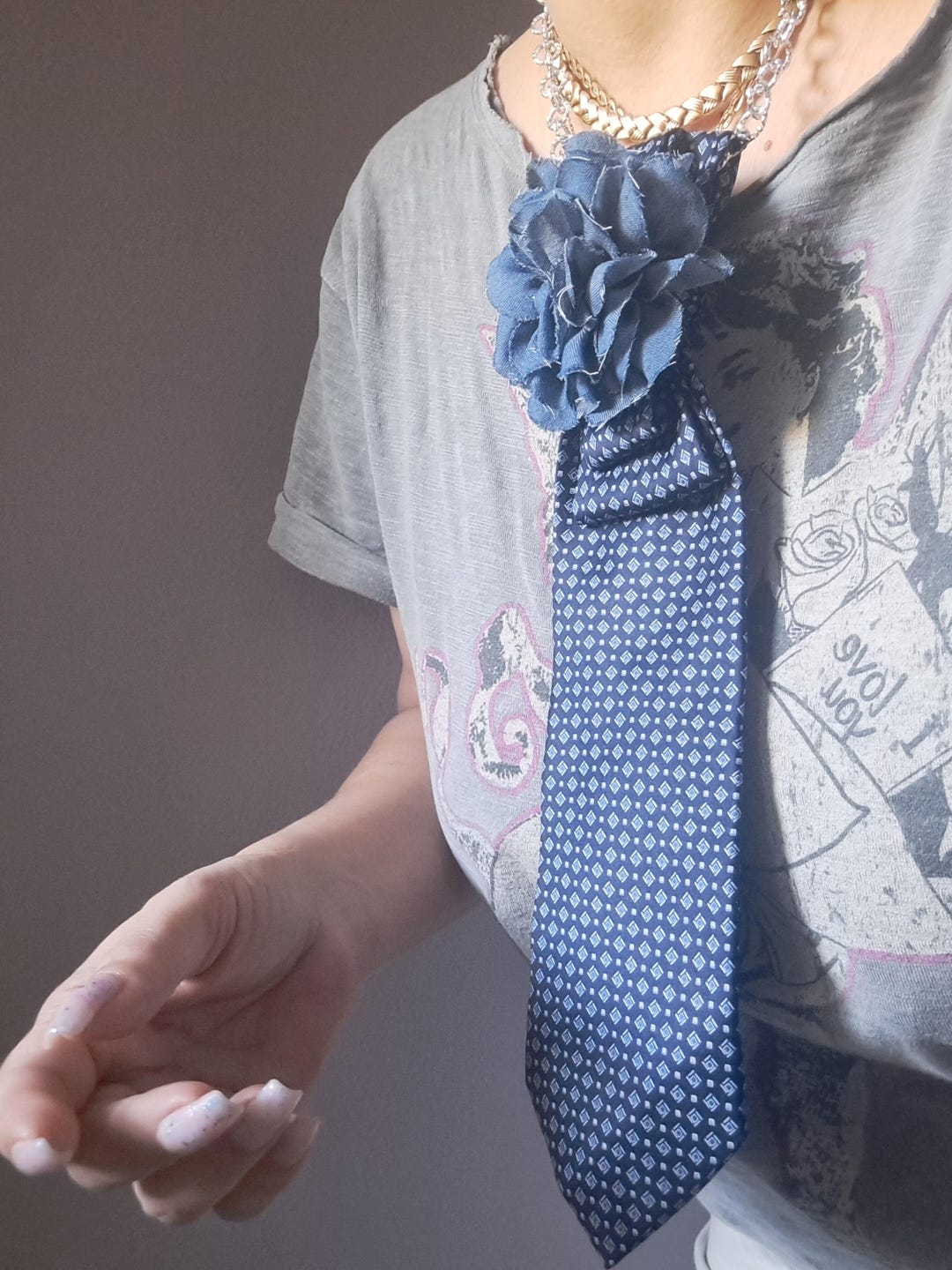 Upcycled Denim Tie Necklace with Multicolor Crystal Brooch (beads not included. Upcycle Denim Necktie Necklace - Etsy main image 4