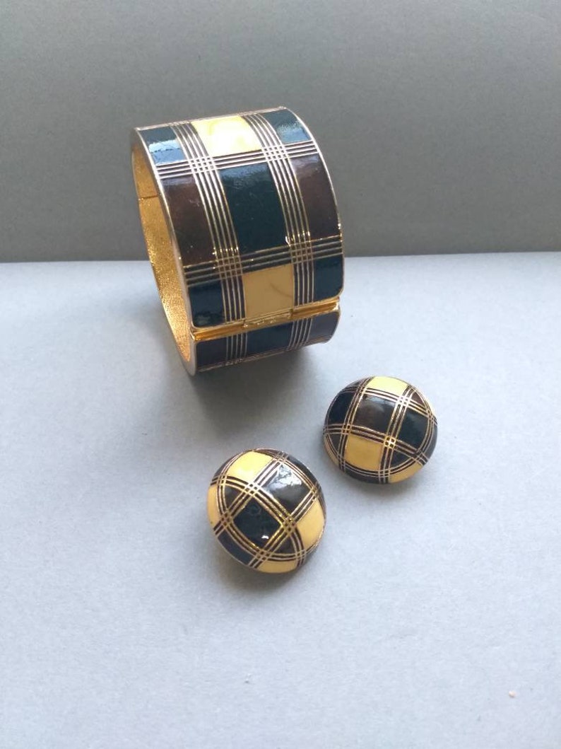 checkered Modernist statement Bracelet /& Clip Earrings 70/'s Lanvin of Paris enamel inlay SALE Retro runway designer signed Greece