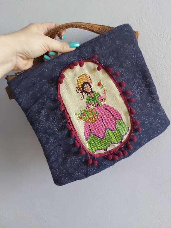 Vintage Needlepoint Bag, Purse, Clutch, Bag, Makeup Case, Zipper Bag,  Vintage Fabric, Recycled, Upcycled, Made in Greece 