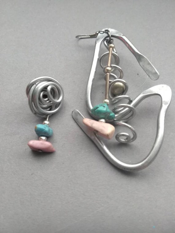 1980's Handmade Artisan Abstract Earrings 2 different handmade abstract one of a kind pierced metal 80's original turquoise, Greece
