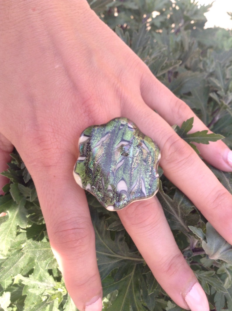 Green Flower Ring Gold Plated Adjustable Ring Base Metallic Etsy