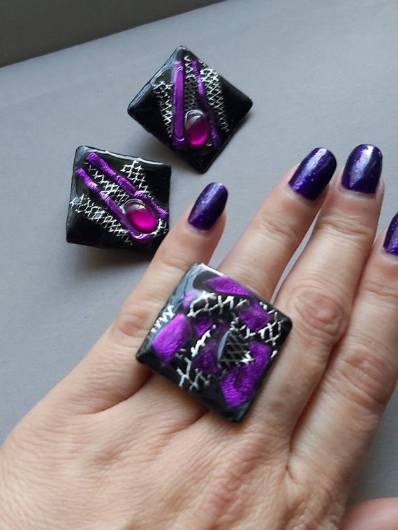 80's Style Earrings Ring Set black purple silver snake | Etsy