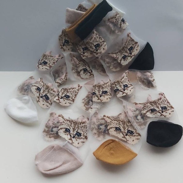 Chaussettes pour chats, transparentes transparentes, brodées, tulle et tricot mélangés, chats, chaussettes en résille, couleur au choix, taille unique, chatons, amoureux des chats, Grèce