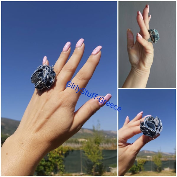 Bague fleur en tissu denim jean, faite main, jean denim recyclé, plaqué or, plaqué argent, base de bague réglable, OOAK, fabriqué en Grèce