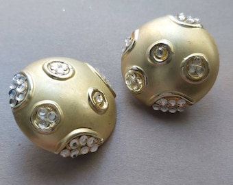 1980&#39;s Large Disc Dome Earrings, clip, gold tone, dome earrings, rhinestones, original, Disco, Greece