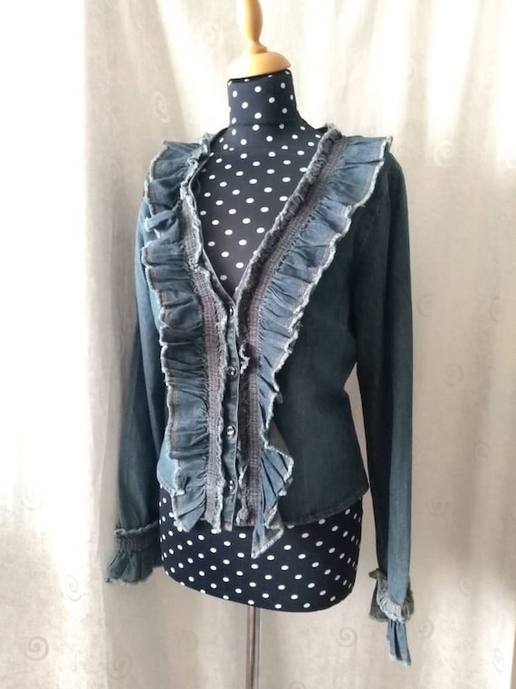Gorgeous Moschino Jeans Denim Jacket, Ruffle Coll… - image 1