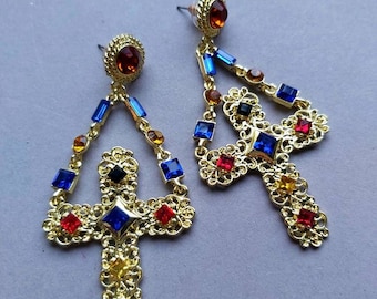 80&#39;s Style Large Cross Crucifix Earrings, Baroque, Double Chain Metal Dangle Drop Earrings, pierced, glass stones, Bohemian, Greece