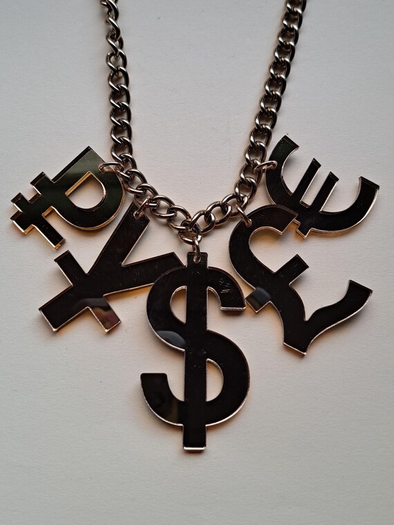 Money Pendant Necklace Acrylic Mirror lazer cut acrylic resin currency link chain money necklace kitsch, bling, Tatty Devine, Greece View 2