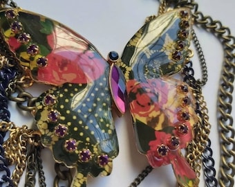Betsey Johnson Huge Butterfly Pendant Necklace Patchwork Posey Butterfly, statement jewelry, butterfly necklace, designer, original, Greece