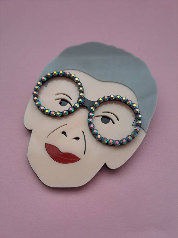 Huge Iris Apfel Brooch Pin lazer cut acrylic resin, Crystal rhinestones, face brooch pin kitsch, bling, Greece