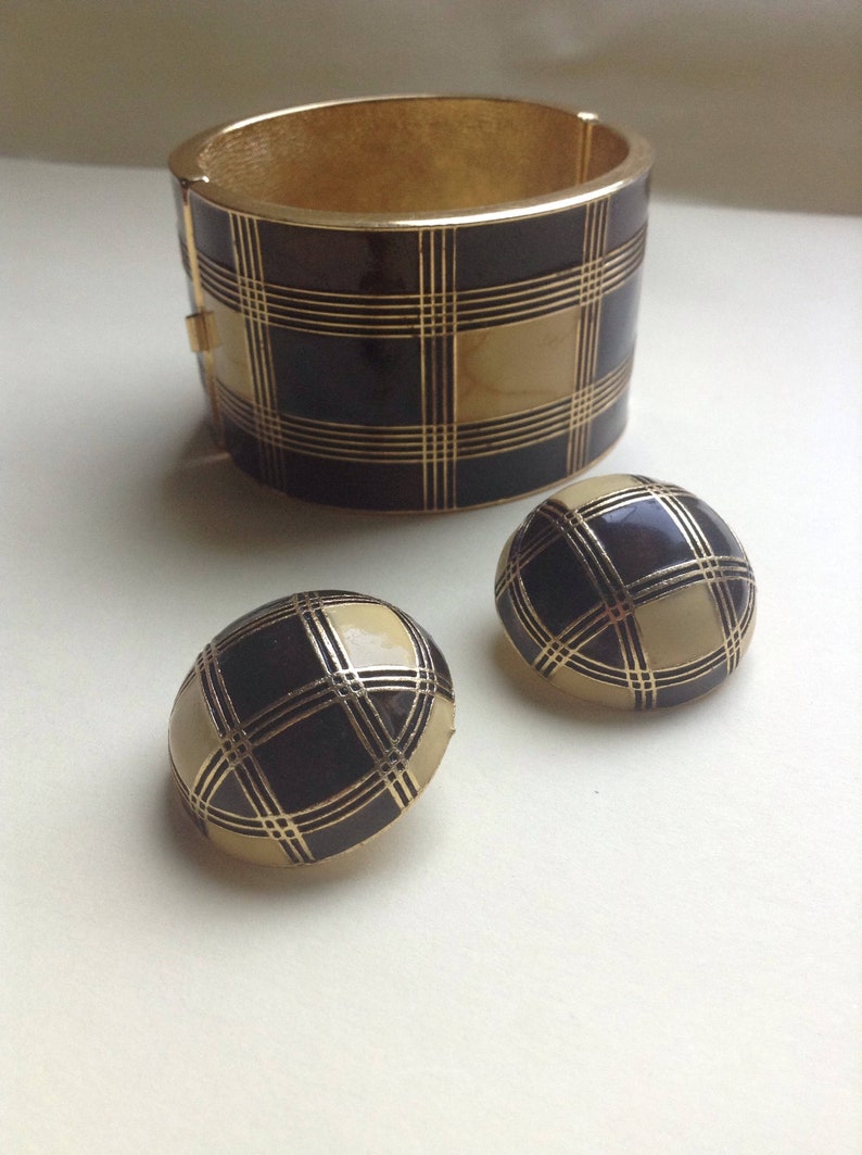 checkered Modernist statement Bracelet /& Clip Earrings 70/'s Lanvin of Paris enamel inlay SALE Retro runway designer signed Greece