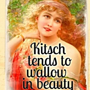 May include: A vintage-style illustration of a woman with blonde hair and a pink headband. The text "Kitsch tends to wallow in beauty" is superimposed on the image.