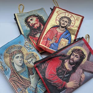 Virgin Mary, Jesus Christ, Rosary Pouch Prayer Card Holder, coin purse, zipper wallet purse, emroidered, Catholic Icon, made in Greece