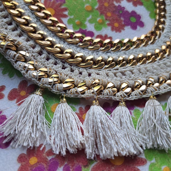 Handmade Crochet Bohemian Bib Tassel Necklace with Large Link Chain, huge, Bling, gold tone, statement jewelry, made in Greece