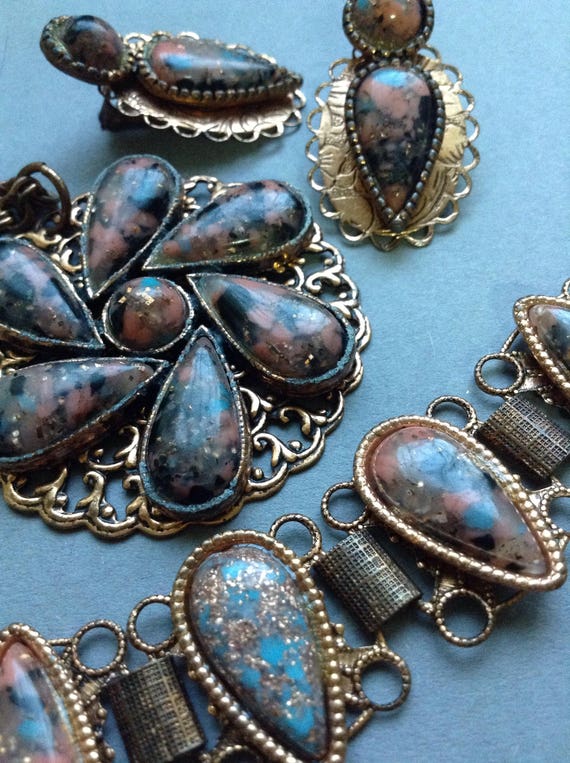 1940's Ornate Copper Flower Earrings Necklace Brac