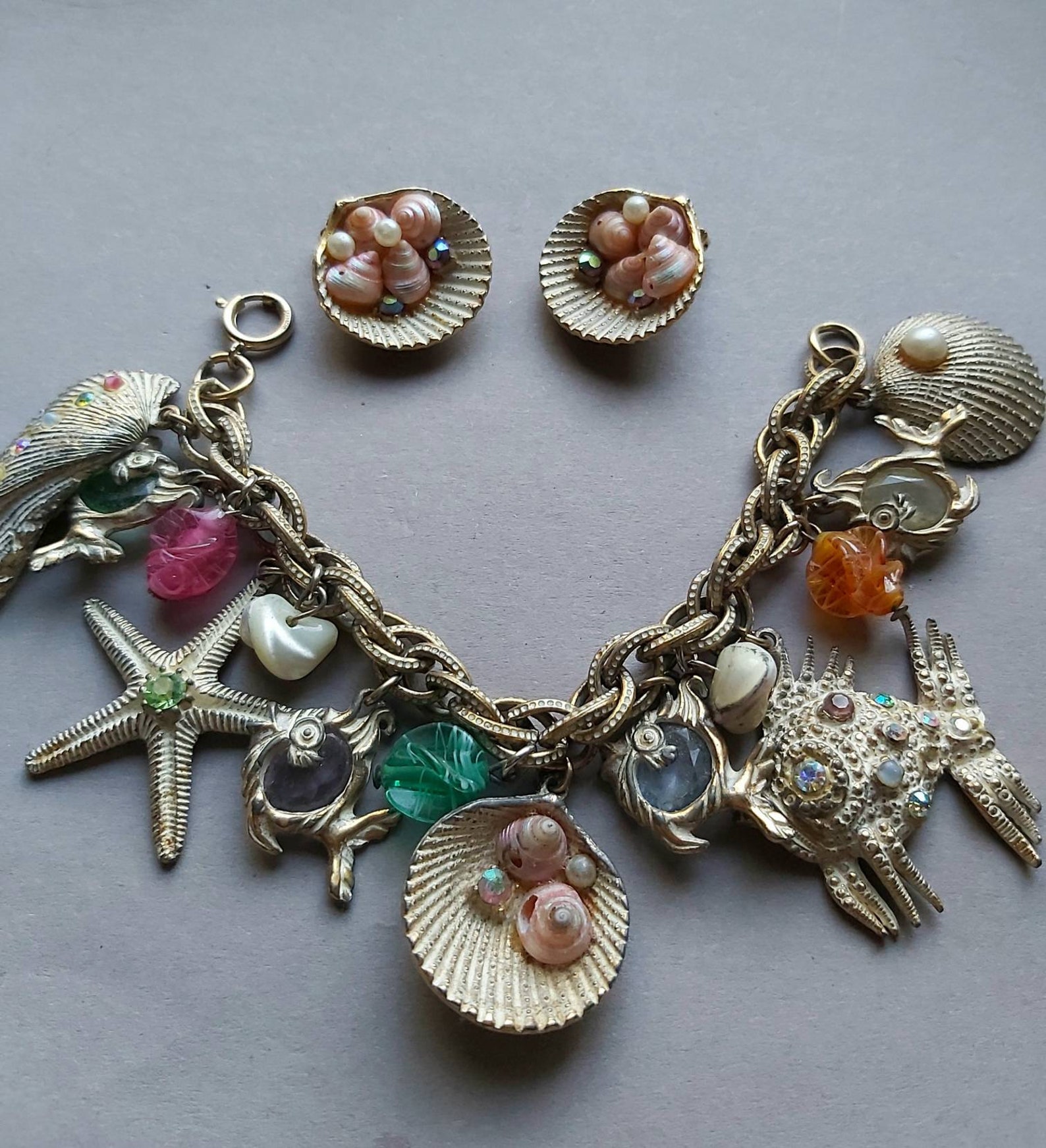 Designer Signed Art Sea Life Charm Bracelet & Earrings Etsy