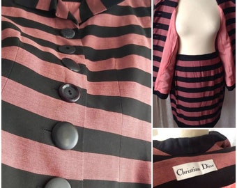 Authentic Christian Dior Suit, jacket skirt, pink black, mixed black buttons, body conscious, designer, CD, original, size sm, Y2K, Greece