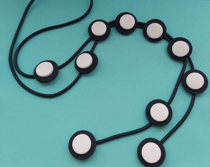 Long Rubber Necklace, Black and White, Disc Beads, Fun Jewelry, Kitsch