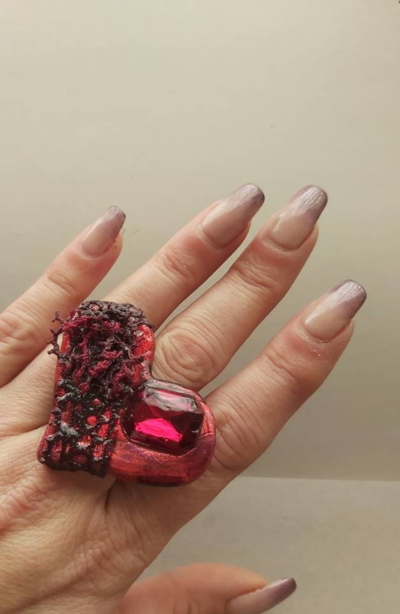 Valentine heart ring Large Red Valentine Heart Ring choose style brass plated | Etsy